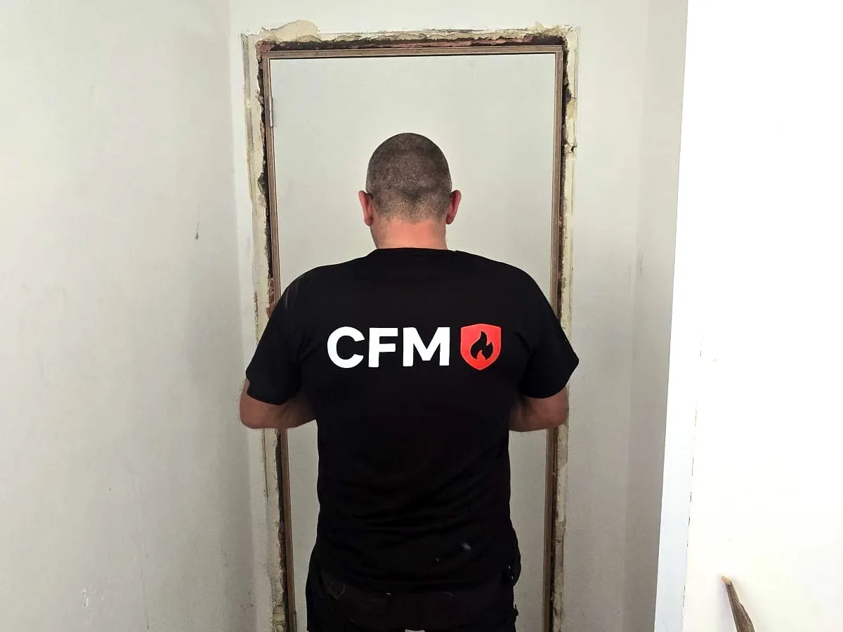 Poseur CFM en train de placer une porte coupe-feu